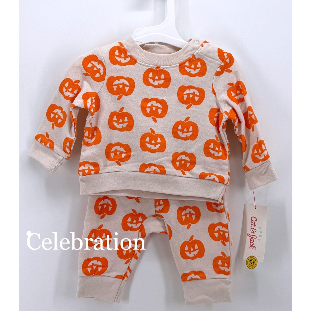 Cat & Jack Baby Halloween Pumpkin Sweatshirt and Joggers Set 0-3M Orange Cream